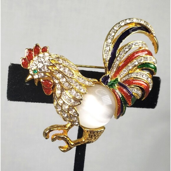 Vintage Moonstone Jelly Belly Body Enamel Crystal Rhinestone Rooster Brooch - Picture 2 of 13